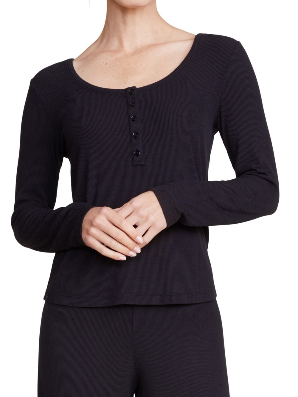 Barefoot Dreams Malibu Collection Black Ultra Soft Rib Long Sleeve Henley Top L